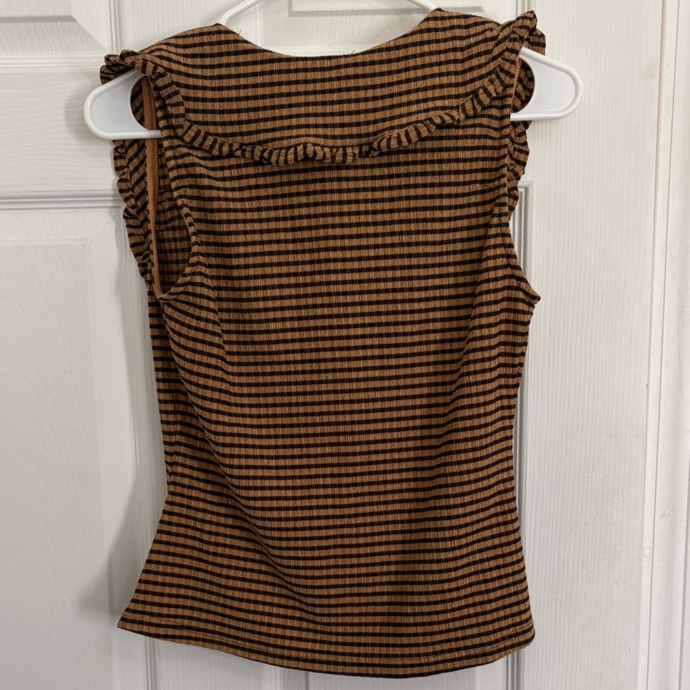 Anthropologie Brown and Black Striped Ruffle Collar Sleeveless Top - Picture 4 of 4